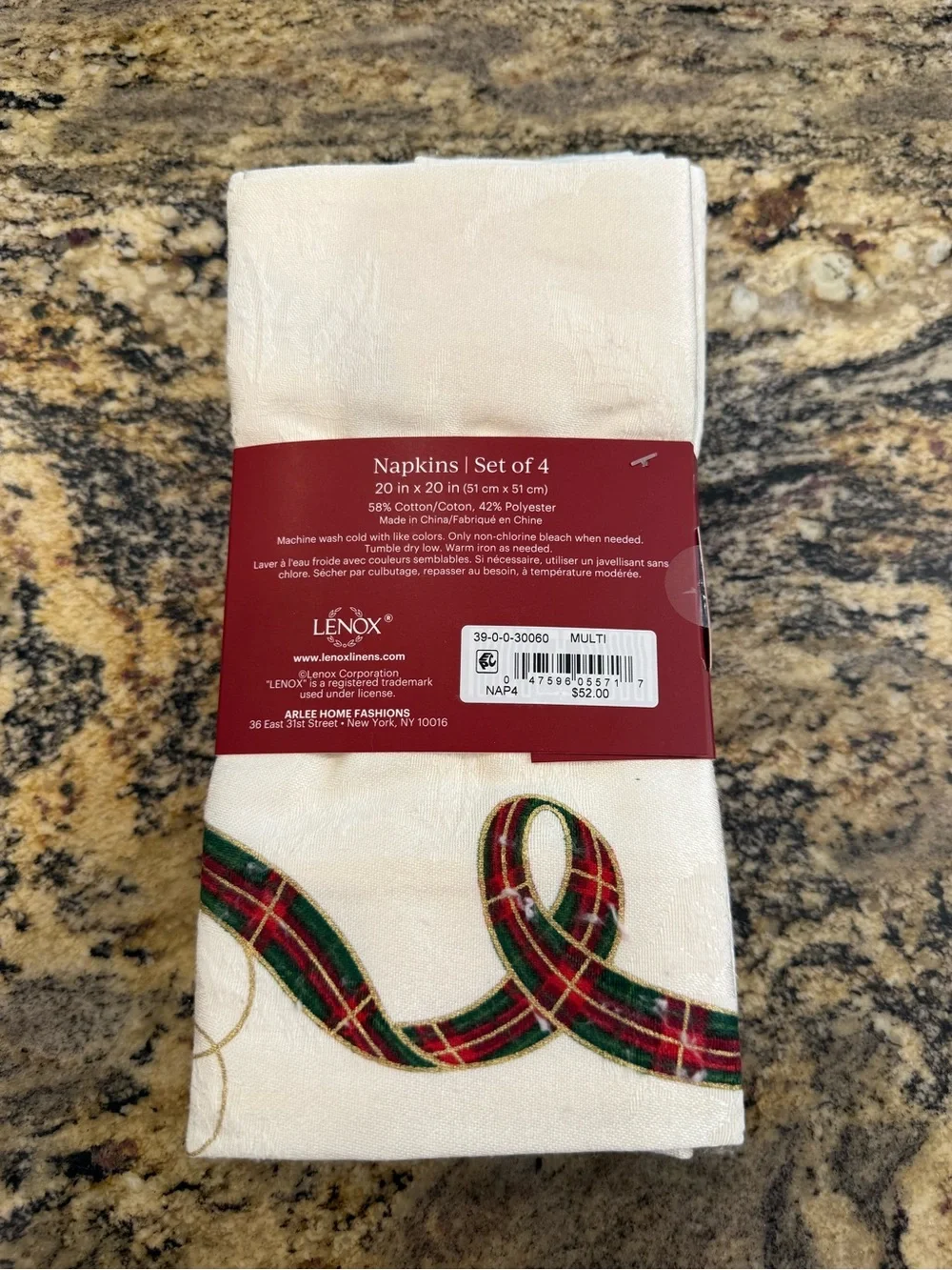 Lenox Cream Holiday Napkins with Green & Red Plaid Ribbon Accents